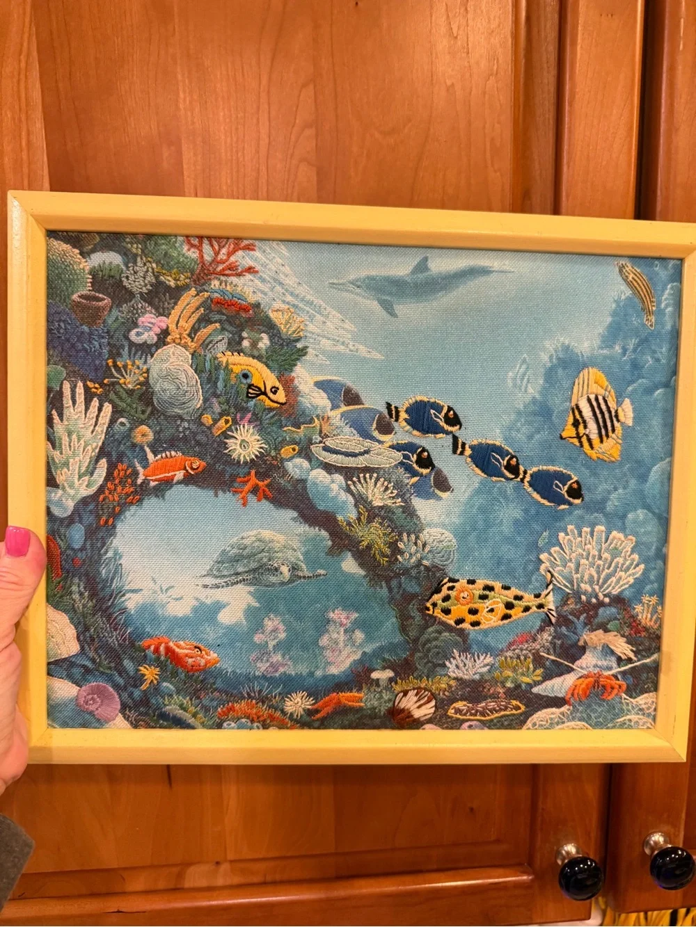 Unique Tropical Fish Reef Needle Point Embroidered Wall Art in Blue and Yellow